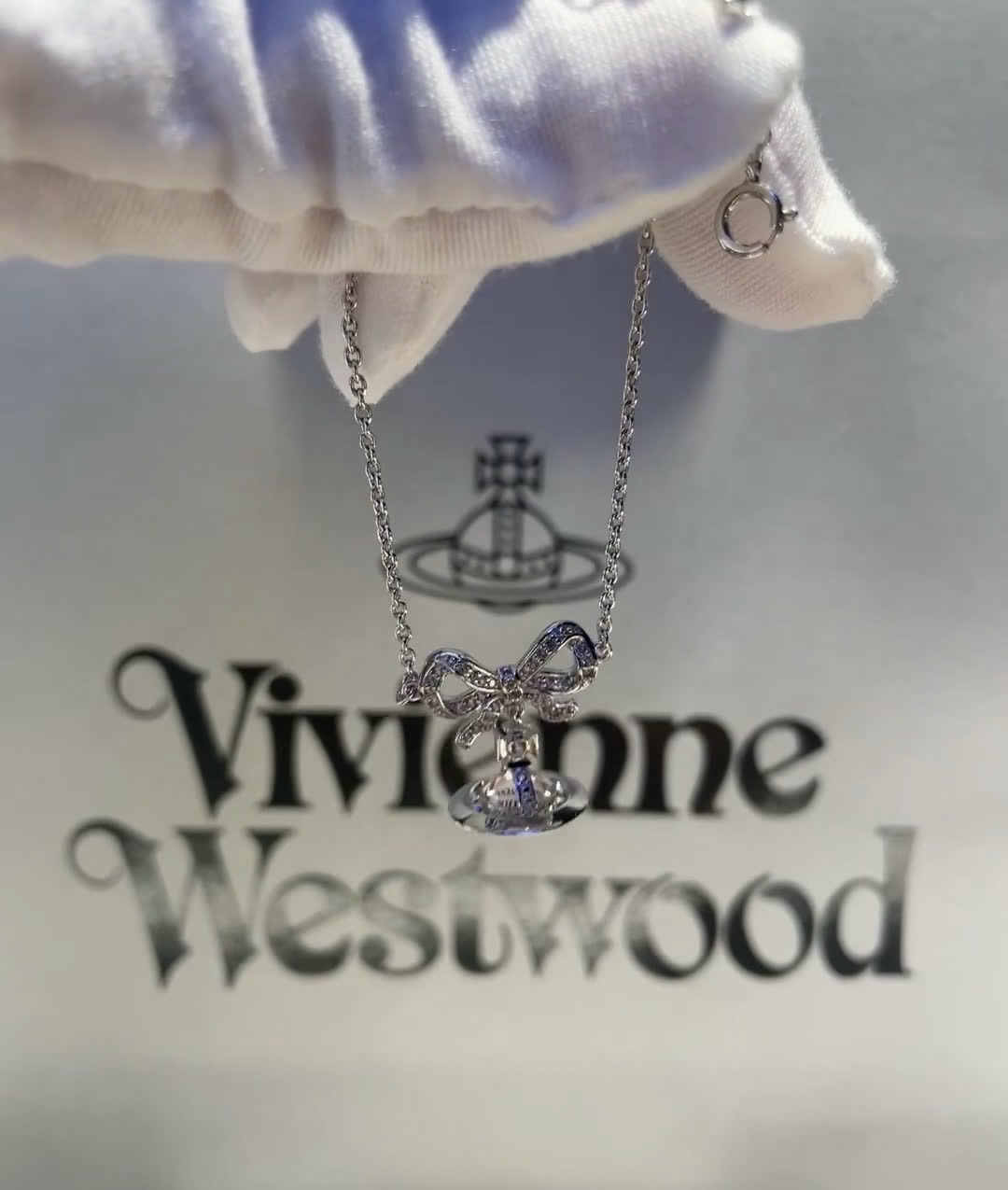 Vivienne Westwood Silver Tone Crystal & Rainbow Moonstone Necklace